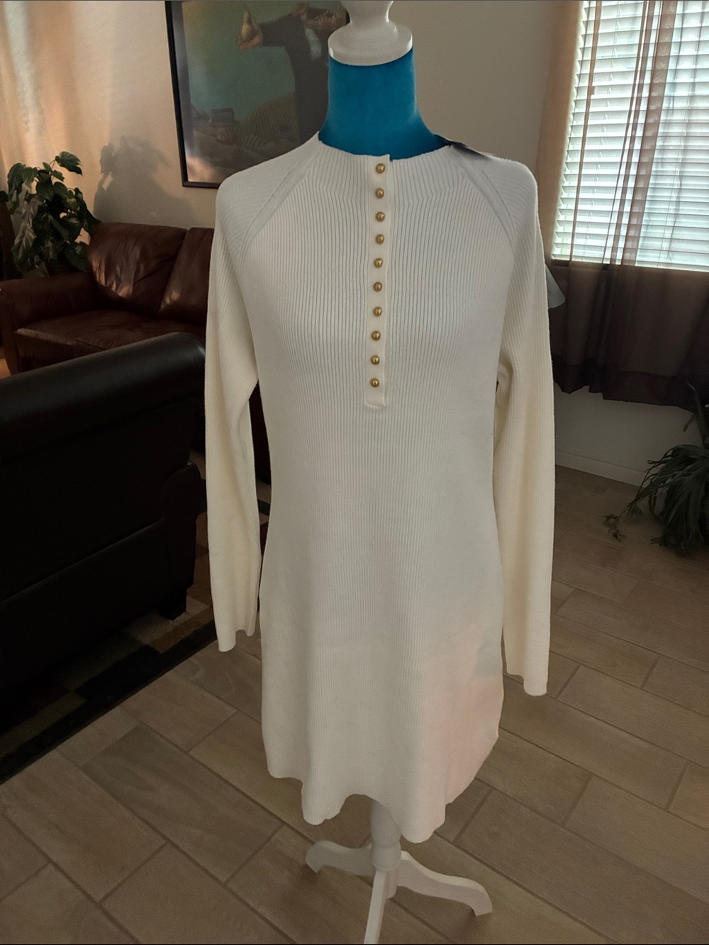 Universal Thread Cream Ribbed Long-Sleeve Knit Dress with Gold Buttons
